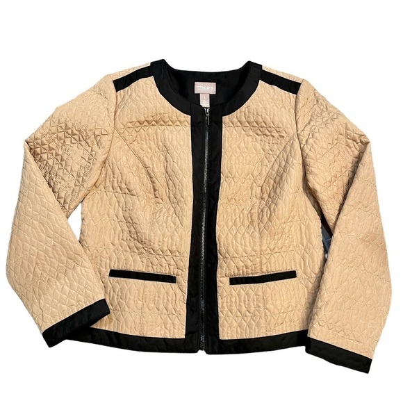 Chico's Quilted Beige Jacket with Black Trim with Zip Front and Round Neck. Sz 1 - Picture 3 of 12